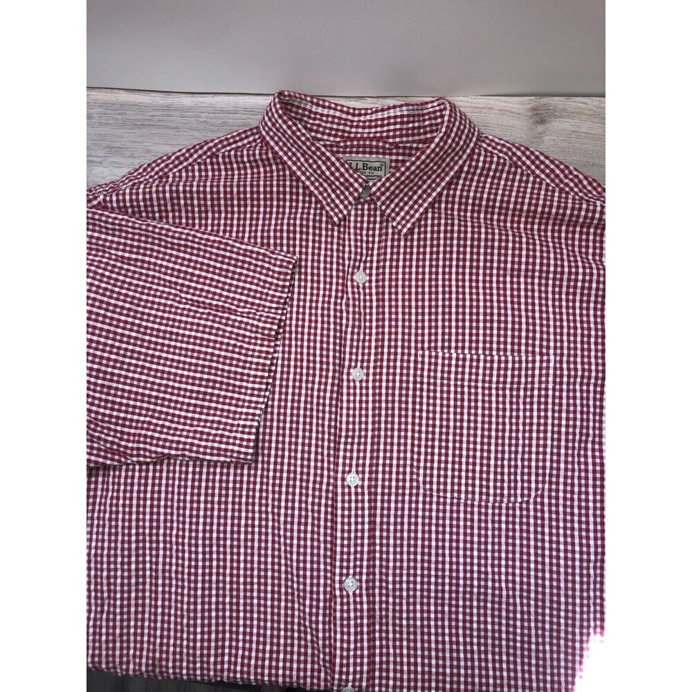LL Bean Men's LARGE TALL Red/White Check Seersucker Short Sleeve Button Up Shirt